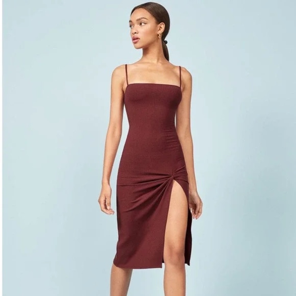 Reformation Scala Burgundy Maroon Knit Midi Slit Dress